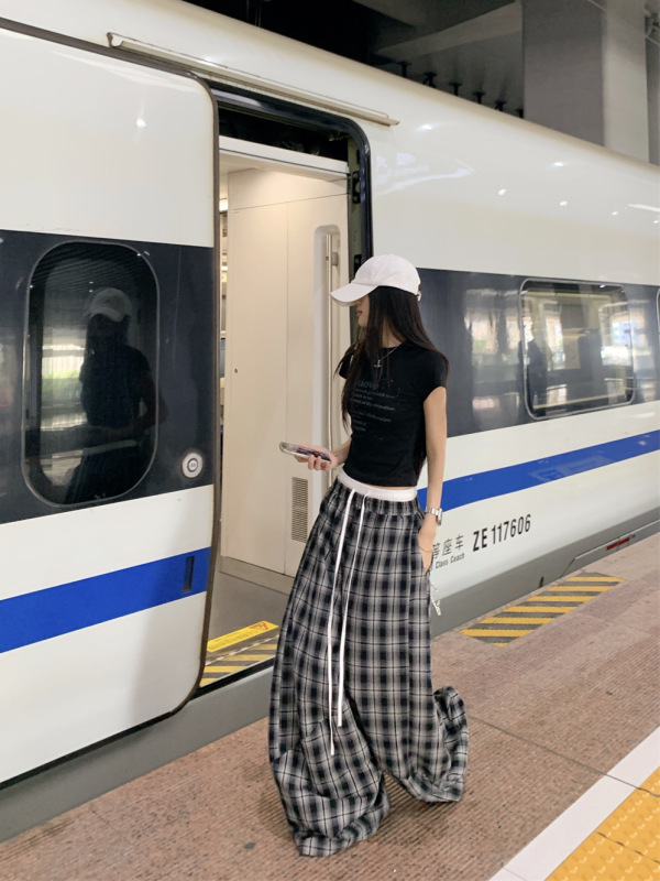 美式潮牌拼接假两件双腰头格子裤男女复古慵懒风宽松阔腿休闲裤子|undefined
