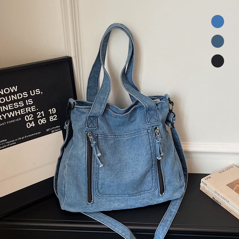 New canvas bag, large-capacity denim shoulder bag, versatile crossbody bag for commuting, stylish solid color handbag tote