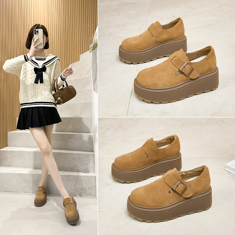 가을 2024 새로운 올 인 클루 시브 레트로 로퍼 캐주얼 싱글 레이어 신발 두꺼운 밑창 높이 증가 신발 정품 가죽 높이 증가 보켄 여성 신발