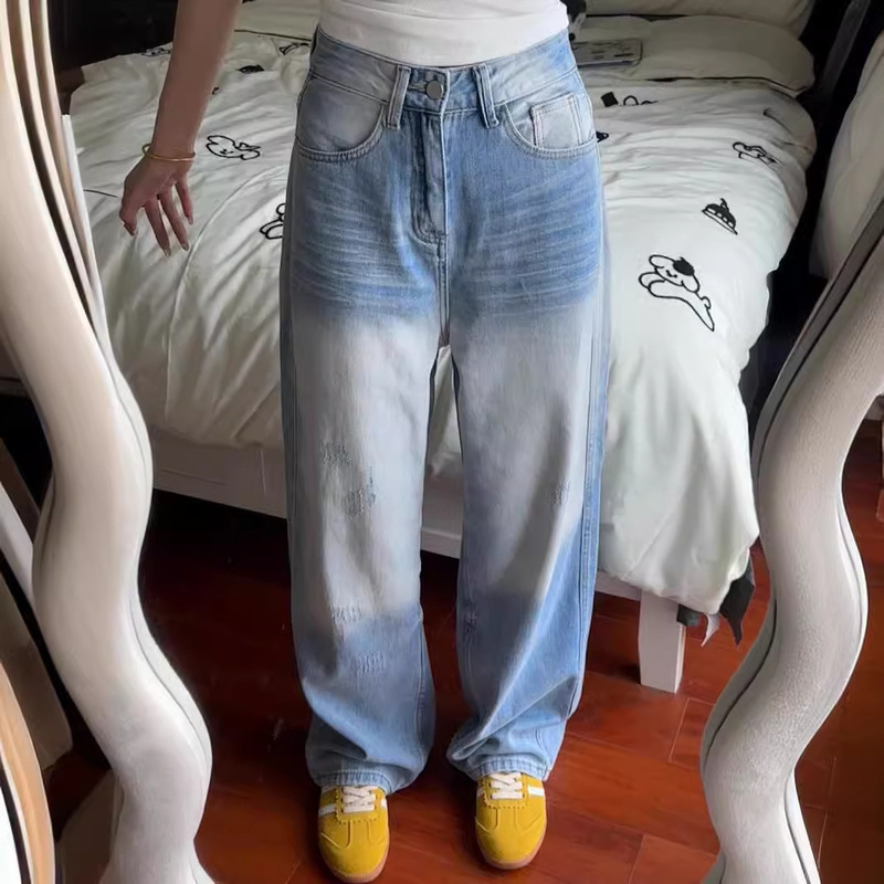 美式宽松垂感阔腿牛仔裤女复古高腰显瘦新款2024春秋高街拖地裤子|undefined