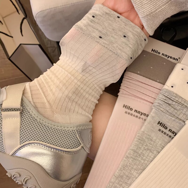 Hilo Nayean South Korea Style Socks with Polka Dots, Seamless Ribbed Cuff, Thin Style for Women, Spring and Summer, Versatile Korean Version Hilo Nayean South Korea Style Socks with Polka Dots, Seamless Ribbed Cuff, Thin Style for Women, Spring and Summer, Versatile Korean Version