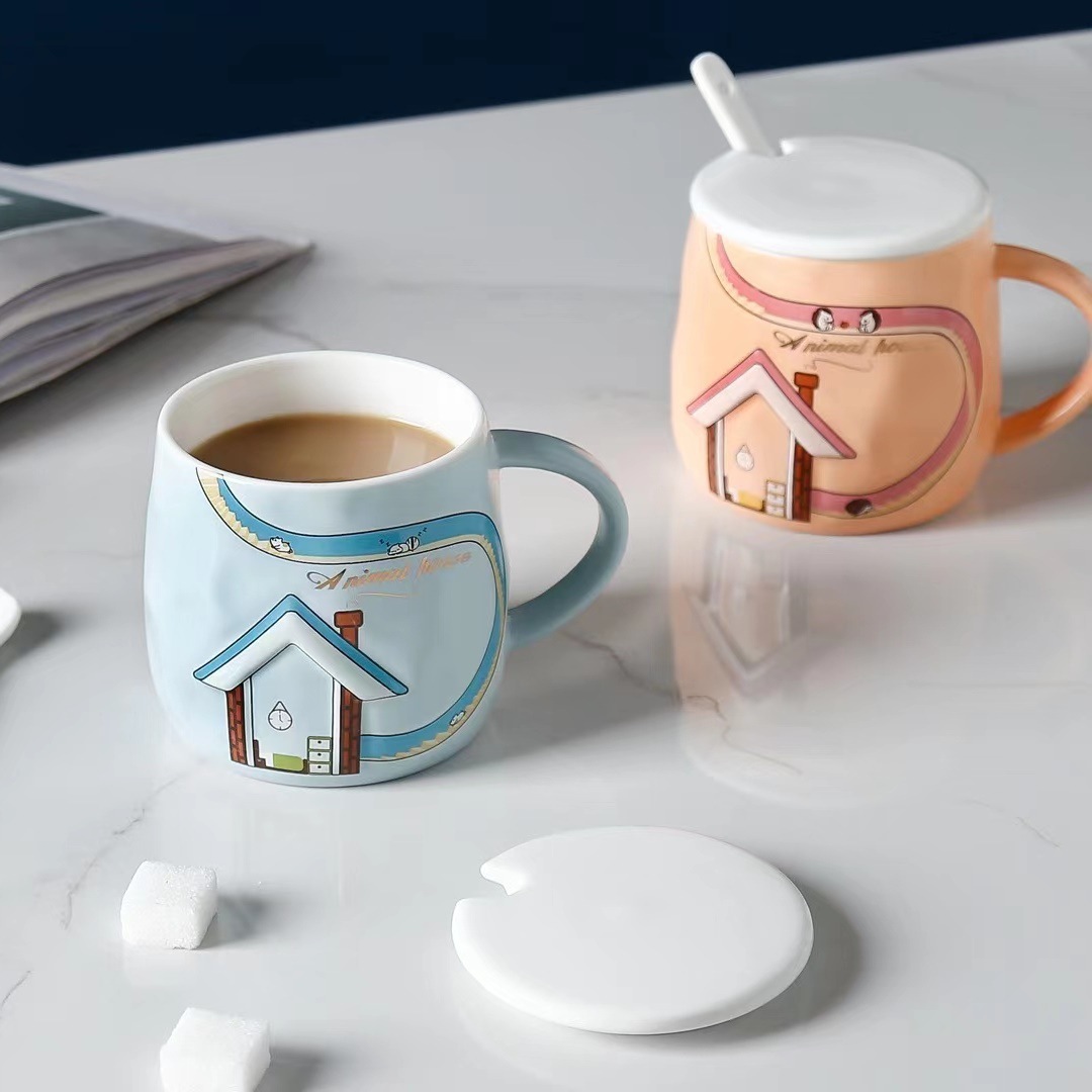 Creativo alivio pastoral casa historieta personalizada regalo de cerámica gato garra cuchara taza café estilo japonés agua