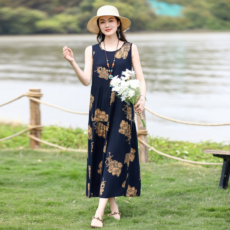 ノースリーブの若い女性の綿シルクドレス夏の海辺の休暇プラスサイズの膝丈ビーチドレス|undefined