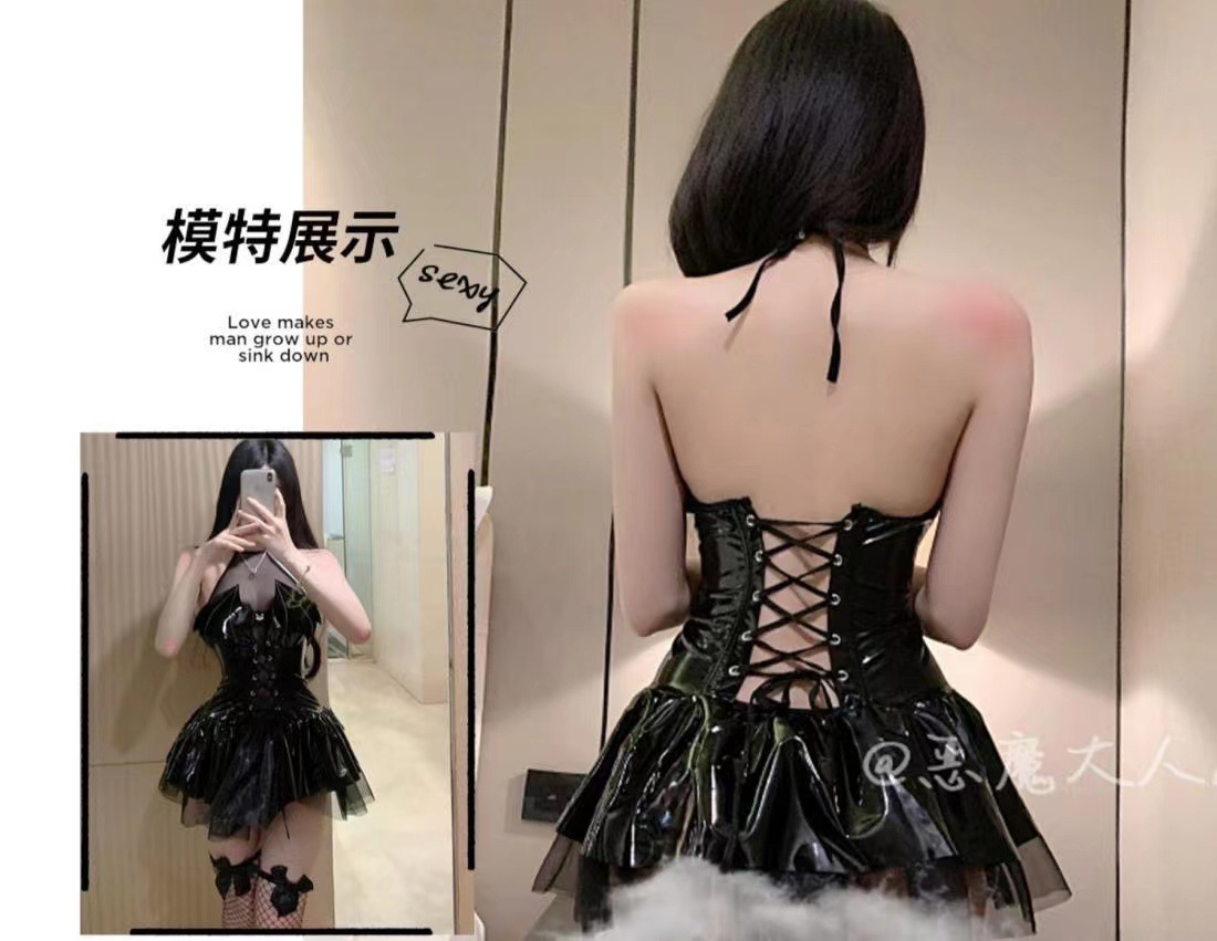 Demon Patent PU Witch Tutu Dress with Choker and Black Stockings — detail image 2