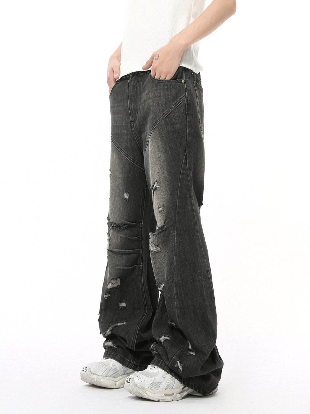 MTLCLOTHES Hombres| Otoño nuevo nicho de la calle de residuos de viento agujero diseño retro microlongo jeans