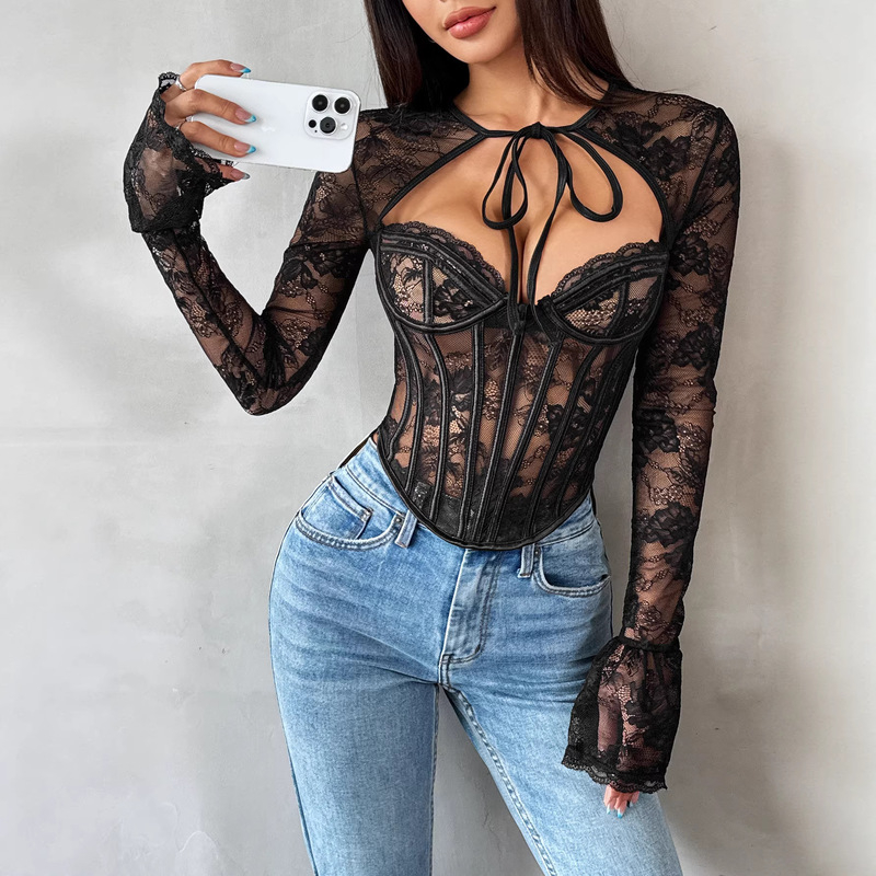 Foreign Trade European and American Style Lace Top with Straps, Sexy Hot Girl Fishbone Tube Top, See-Through Suspender Long-Sleeved Top 211