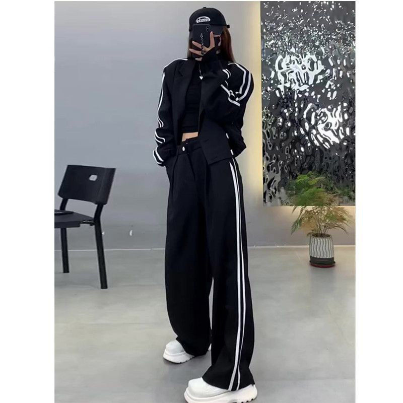 Two Bar Suit Set Women's 2023 Autumn/Winter New Thickened Suit Coat High Waist Slim Wide Leg Pants Two Piece Set