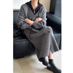 假两件连帽长款毛衣外套女2025秋冬新款慵懒风宽松双排扣针织大衣