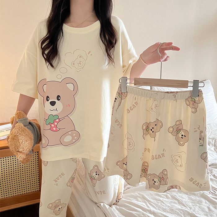 Liebre estudiante conjunto de pijamas de tres piezas mujeres de verano de mangas cortas pantalones cortos pantalones largos de cuello redondo conjunto de dibujos animados ropa doméstica volumen de carrera transfronteriza