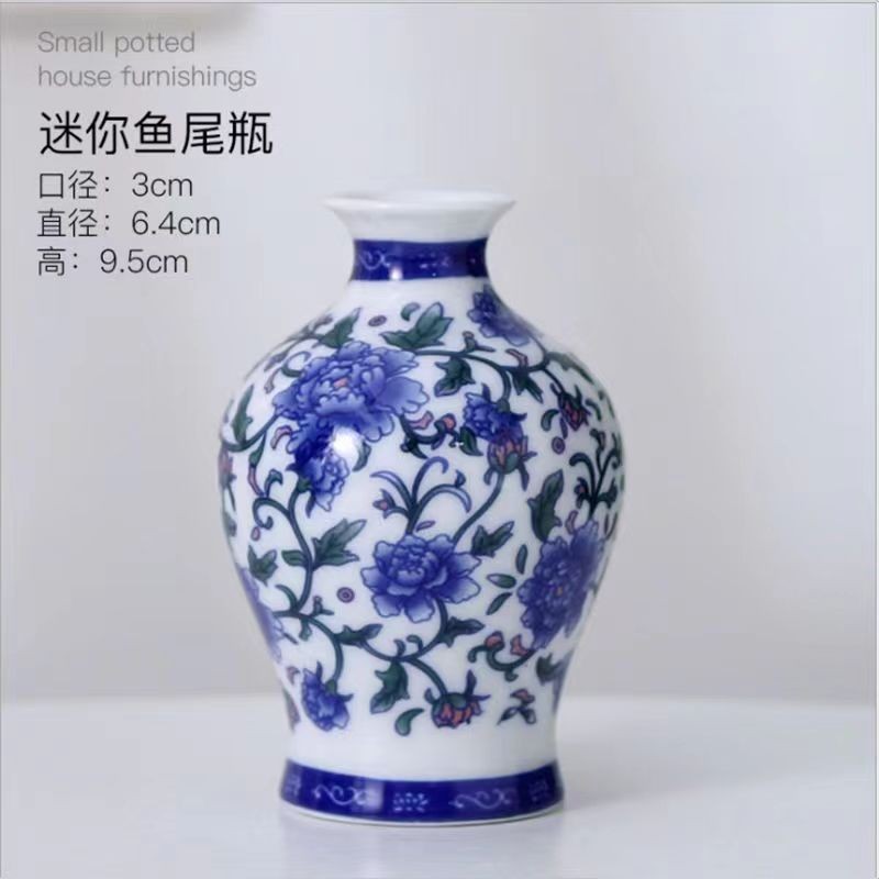 Flores de porcelana azul, vasos de flores de cerámica de lujo ligero, flores de alto nivel, decoración de mesa de comedor de estilo nuevo chino