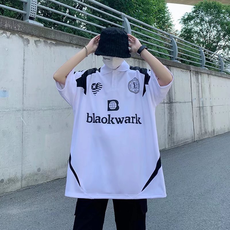 High Street American retro manga corta Camiseta hombres ins suelta costura motocicleta impresa pareja Polo camisa