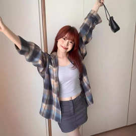 跨境日系女装夏上衣格子衬衣防晒衫罩衫法式大码外搭长袖格子长袖