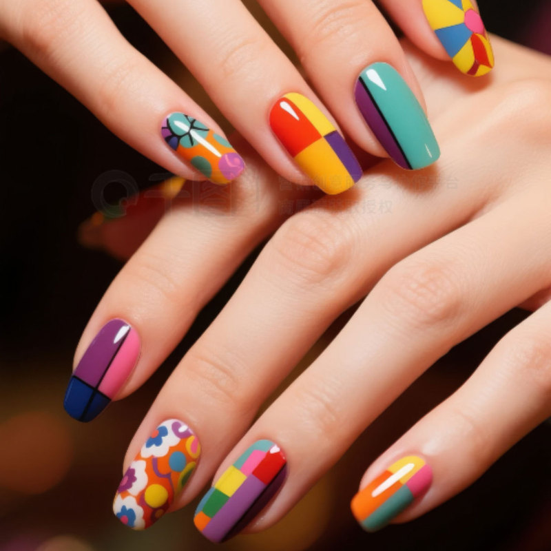 X-0300 Retro Color-Block Pop Art Nail Art with Floral Designs, Cross-Border European and American Style, Personalized Art Finished Nail Art X-0300 Retro Color-Block Pop Art Nail Art with Floral Designs, Cross-Border European and American Style, Personalized Art Finished Nail Art