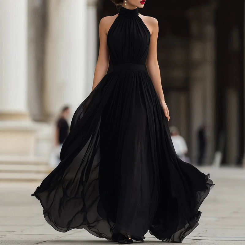 Cross-Border European and American 2026 New Elegant High-Neck Long Dress for Women, Waist-Cinching, Slimming, Graceful, Flowing Chiffon Dress