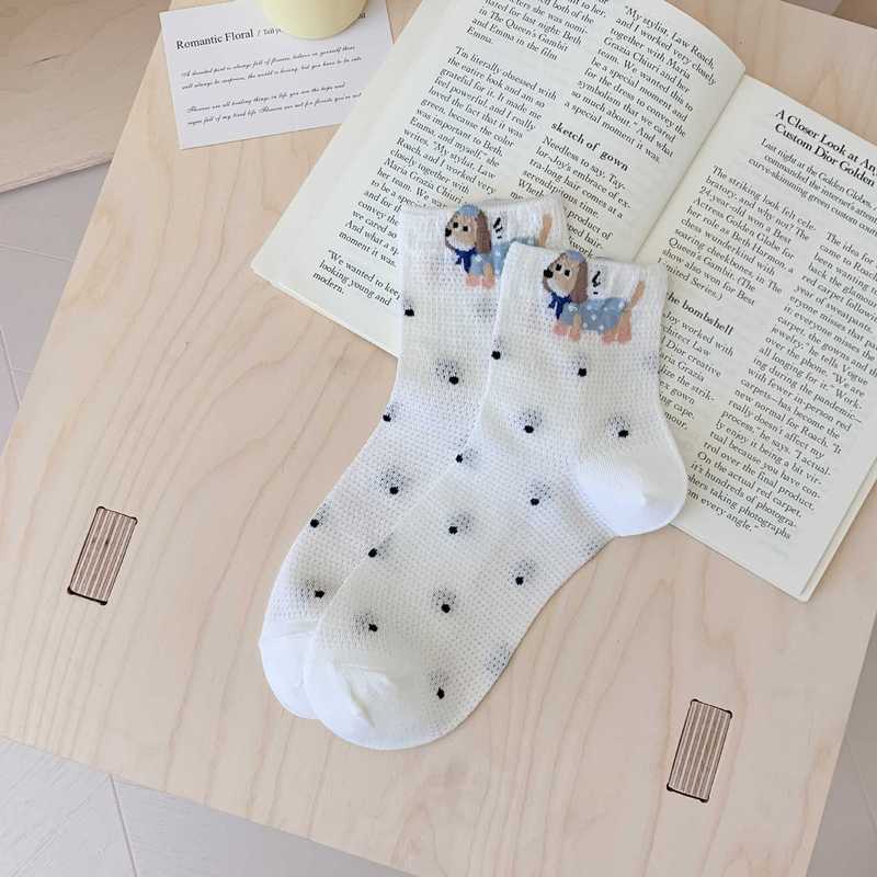 骨なしの白い子犬のメッシュの靴下の子供の中筒の靴下のinsの潮の蝶結びの春夏の薄いモデルのアニメのかわいいソックス|undefined