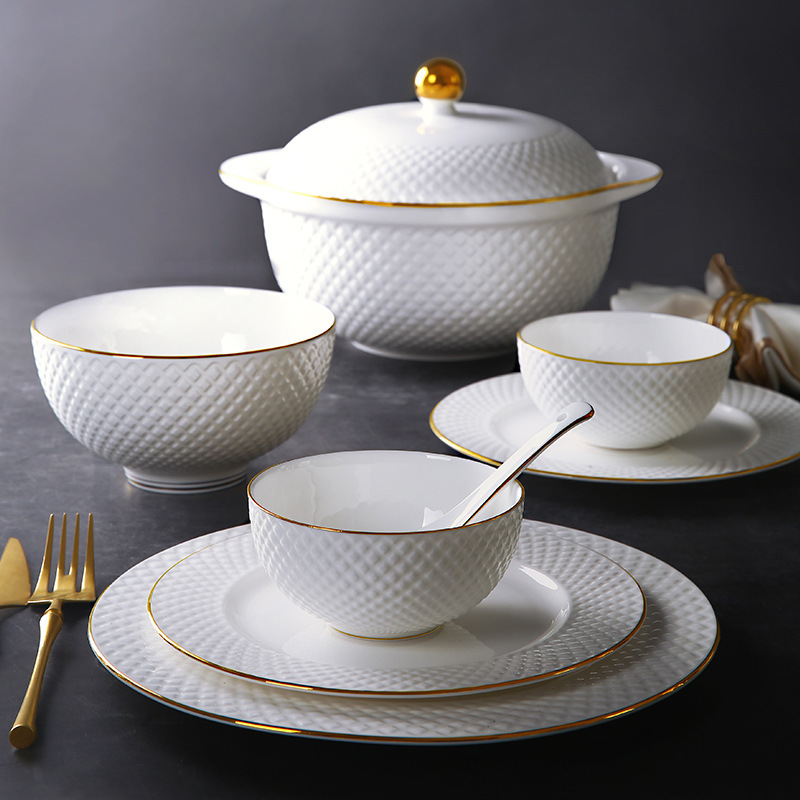European Style Phnom Penh Tangshan Bone China Tableware suit Dishes and Dishes suit Household White Modern Simple Exquisite Bowls and Utensils