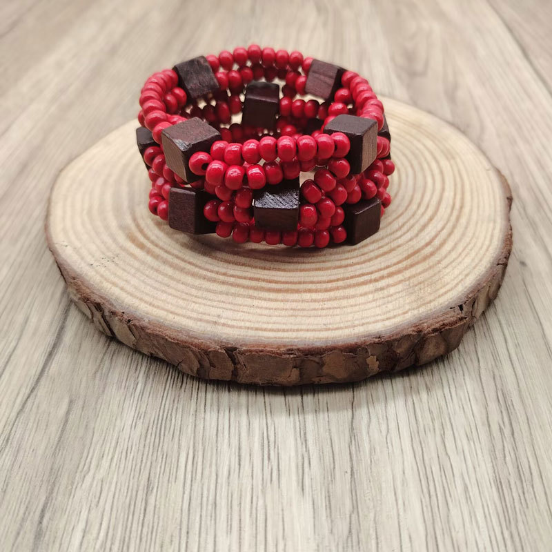 Cross-border Hot-sale Wooden Block Wide Bracelet Elastic Block Geometric Wooden Bracelet Woven Bracelet for Women Cross-border Hot-sale Wooden Block Wide Bracelet Elastic Block Geometric Wooden Bracelet Woven Bracelet for Women