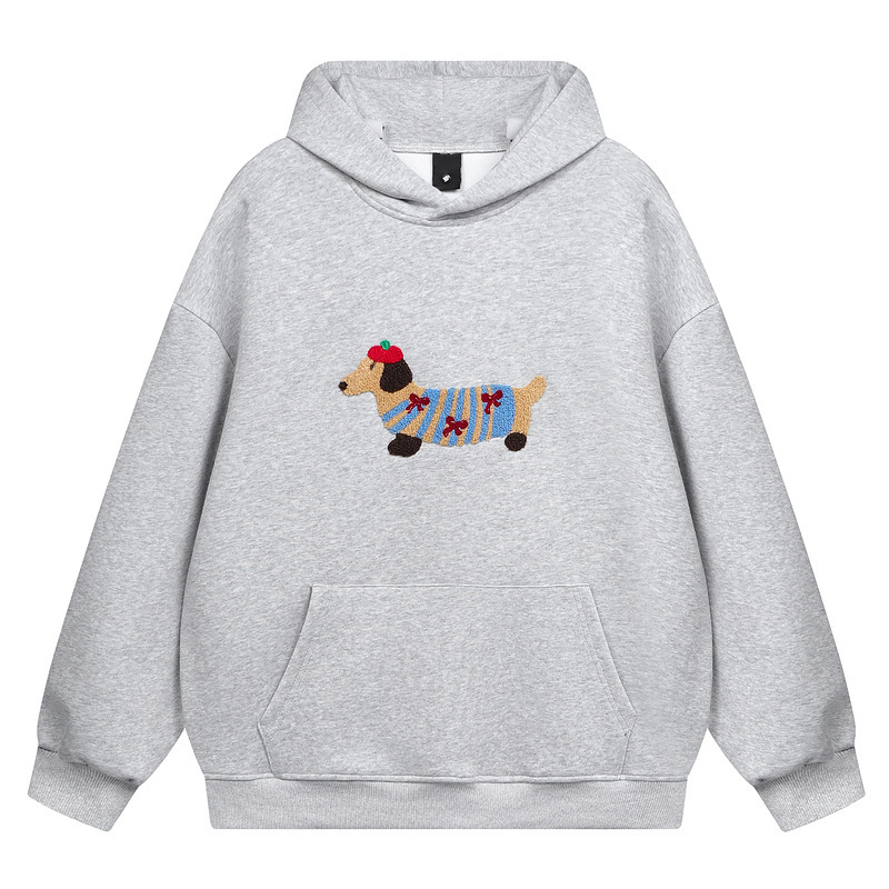 Qilin Hairy Dachshund Towel Embroidery National Fashion Fun Hooded Autumn and Winter Sweater Loose Couple Grey Hoodie Qilin Hairy Dachshund Towel Embroidery National Fashion Fun Hooded Autumn and Winter Sweater Loose Couple Grey Hoodie
