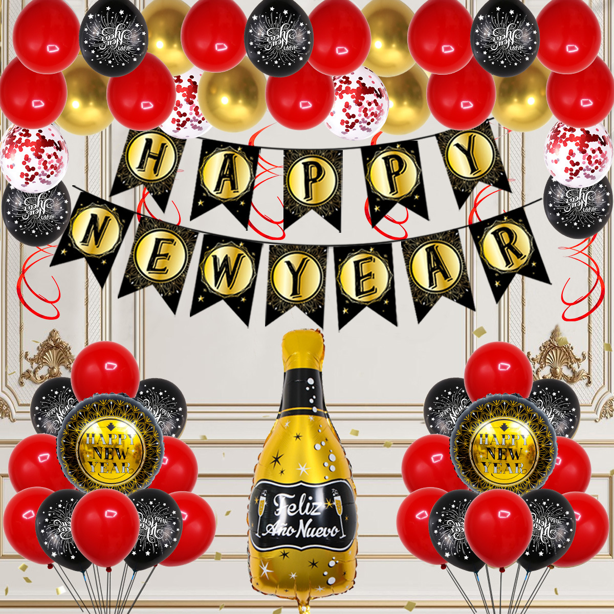 Traje de cadena de globos de Año Nuevo transfronterizo decoración de vacaciones diseño de ambiente feliz año nuevo Bandera de Año Nuevo