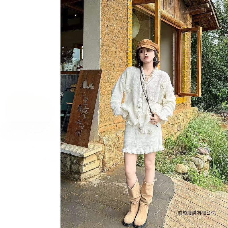 千金风小洋装套装2025早秋新款气质立体花朵灰色针织衫短裙女装|undefined