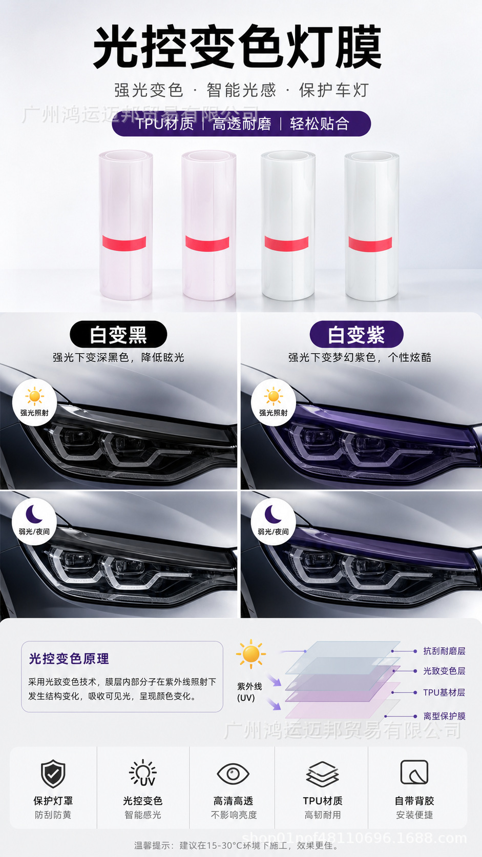 TPU light-controlled color-changing blackened car headlight film, translucent protective film, light-sensitive car headlight color-changing film