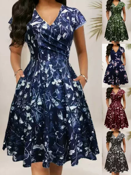 Summer New Style V-Neck Pocket Short-Sleeve Trendy Floral Print Long Dress Elegant Women's Fashion