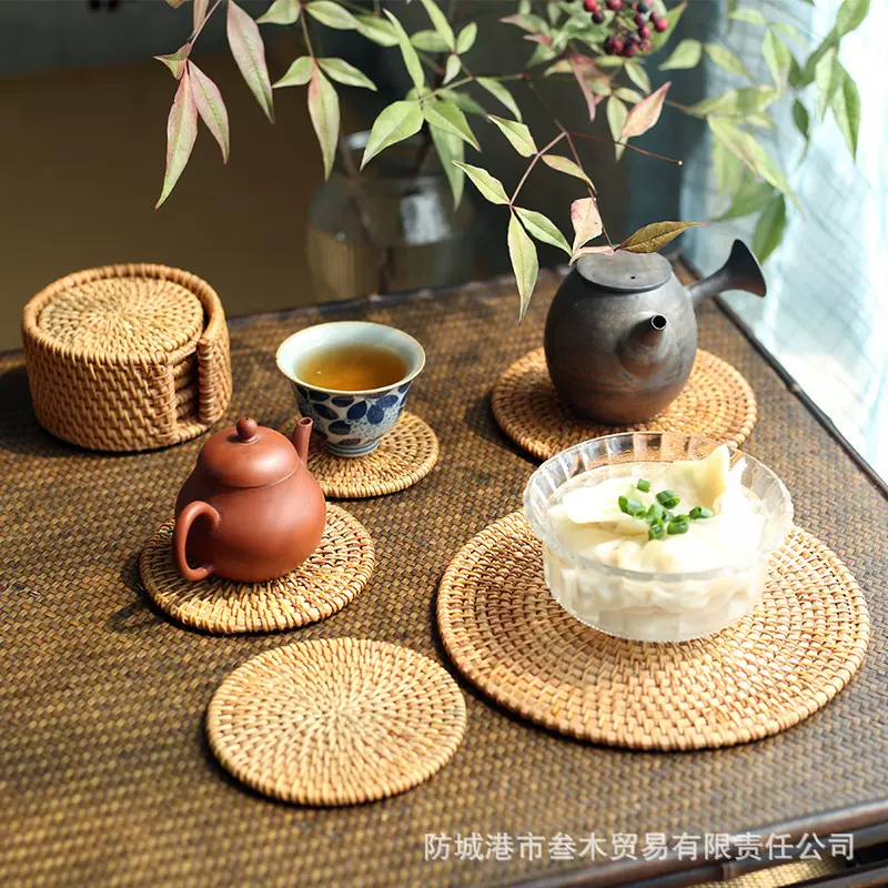 纯手工秋藤越南藤编垫套装防烫杯垫壶垫隔热垫木质收纳茶具垫配件