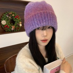 2025新款紫色毛线帽子女秋冬韩版百搭包头帽保暖显脸小针织套头帽
