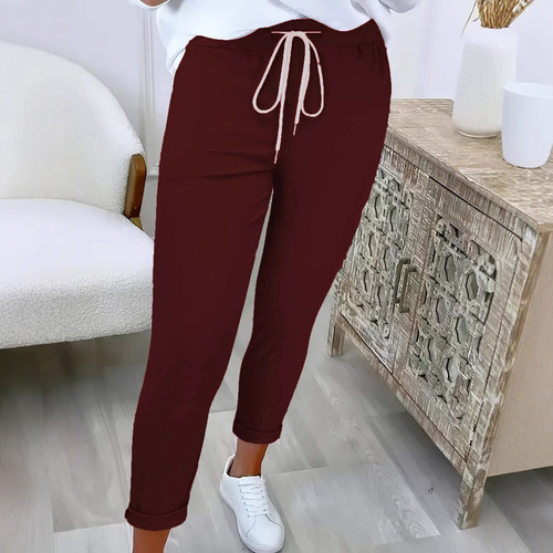 2025 Cross-border European and American Style New Waistband Slim-Fit Women's Solid-Color Elegant Casual Trousers