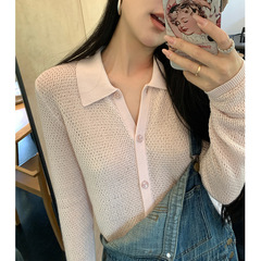 肌理松弛感翻领长袖针织开衫女2025年秋季新款设计感镂空亚麻上衣