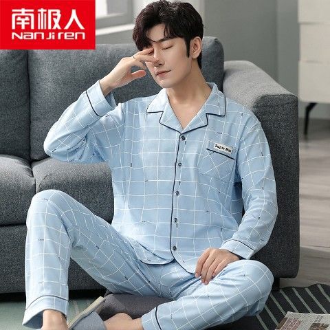 Pijamas de los hombres manga larga 100% algodón primavera, otoño e invierno algodón flojo más tamaño traje desgaste del hogar