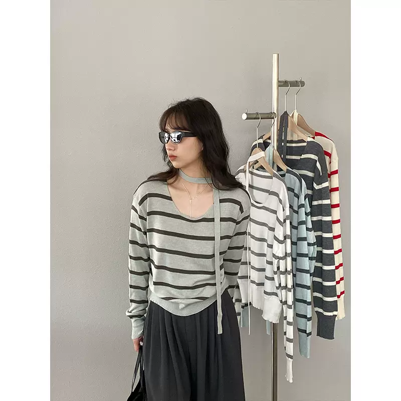 江左 法韩系撞色条纹飘带长袖针织毛衣女26早春新款休闲上衣A1011
