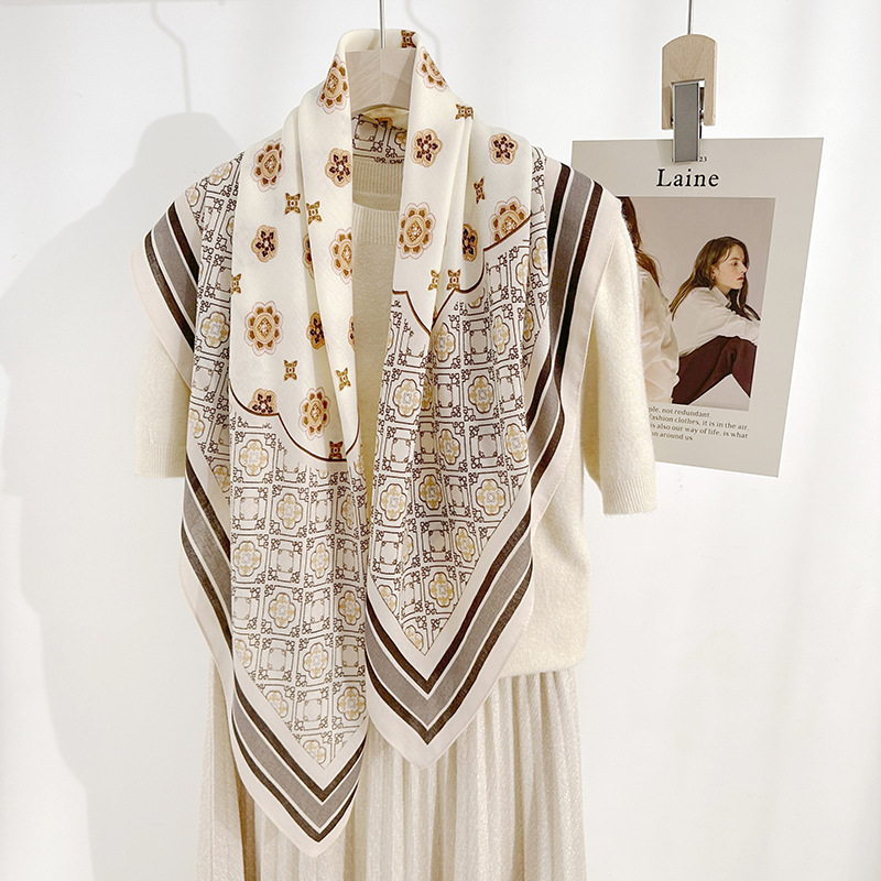 Pañuelo de seda con estampado floral geométrico para mujer de moda de primavera y verano