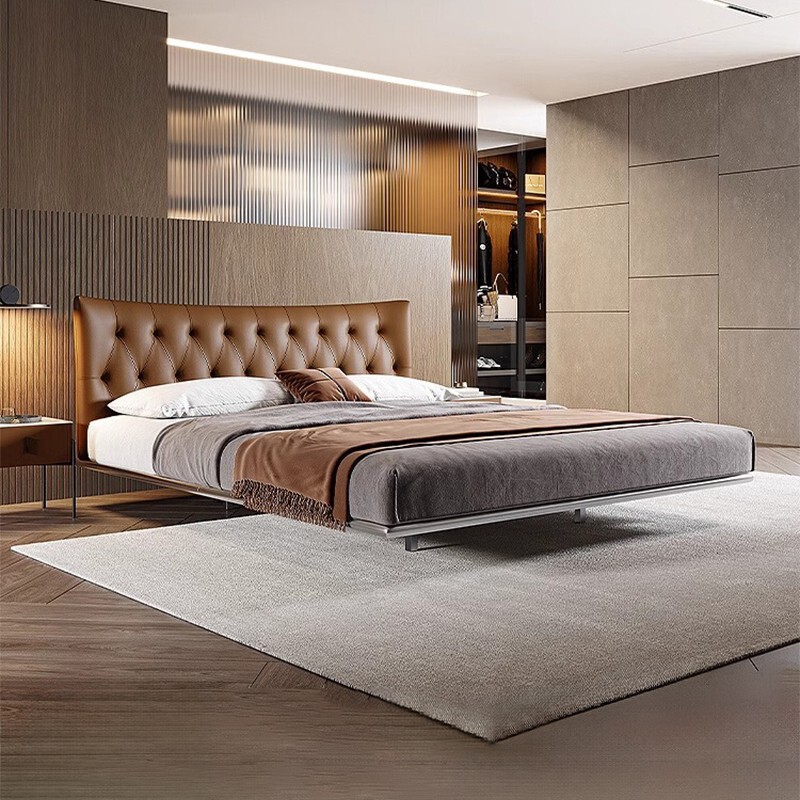 Italian Minimalist Floating Bed Simple Steel Frame 2025 Genuine Leather Bed 1.8m Top Layer Cowhide Double Upholstered Master Bedroom Bed Italian Minimalist Floating Bed Simple Steel Frame 2025 Genuine Leather Bed 1.8m Top Layer Cowhide Double Upholstered Master Bedroom Bed