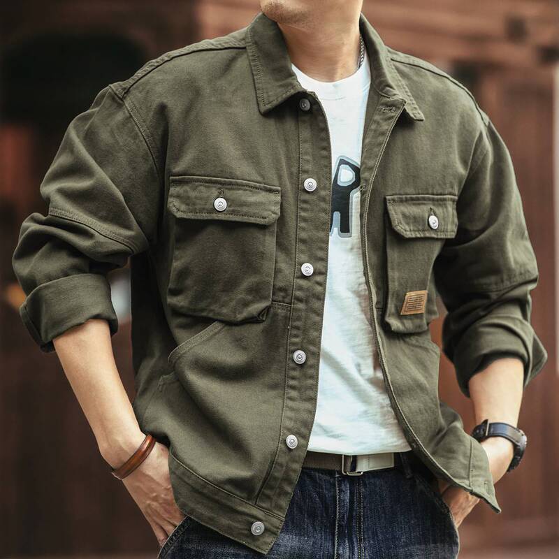 Plus Size Spring and Autumn Retro Denim Jacket Men's Hunting Camouflage Mountain Style Loose Trendy Workwear Large Pocket Jacket