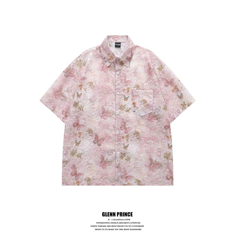 Tassel Butterfly Pink Short-Sleeved Shirt for Men, Summer Design, Niche Beach Vacation Floral Shirt, Vacation Style Jacket