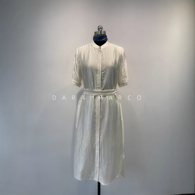 「Dazzling」D-Made Series of Light-Textured Acetate High-Ji Lace-Up Small Stand-Up Collar Short-Sleeved Dress