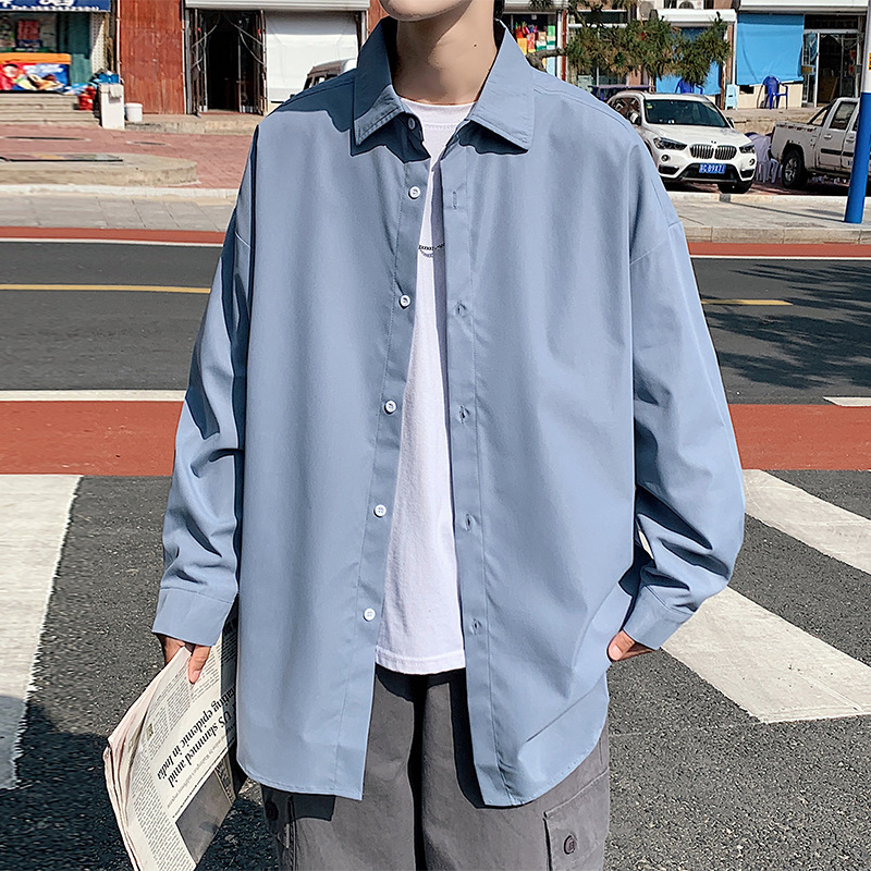 Simple Solid Color Long-sleeve Men, New Autumn Trendy Versatile Loose Casual Turn-down Collar Shirt Jacket For Teenagers_voghion.com