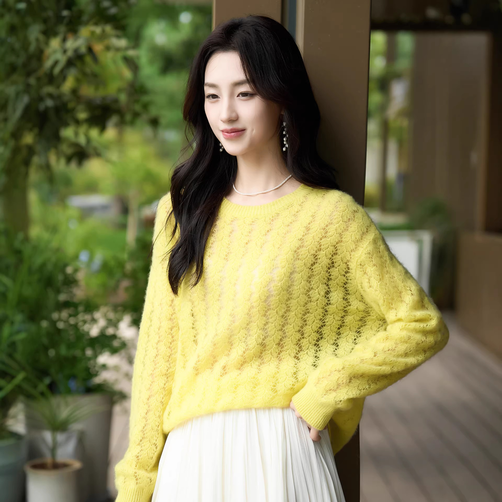 100%超细羊毛衫女圆领宽松针织衫慵懒风软糯精纺羊毛针织镂空罩衫
