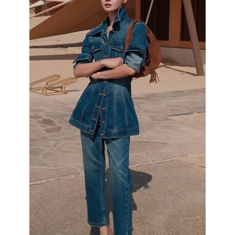 2026 Spring New Fashion Stylish Light Luxury Style Distressed Slim-Fit Denim Shirt Jacket and Straight-Leg Pants Two-Piece Set 2026 Spring New Fashion Stylish Light Luxury Style Distressed Slim-Fit Denim Shirt Jacket and Straight-Leg Pants Two-Piece Set