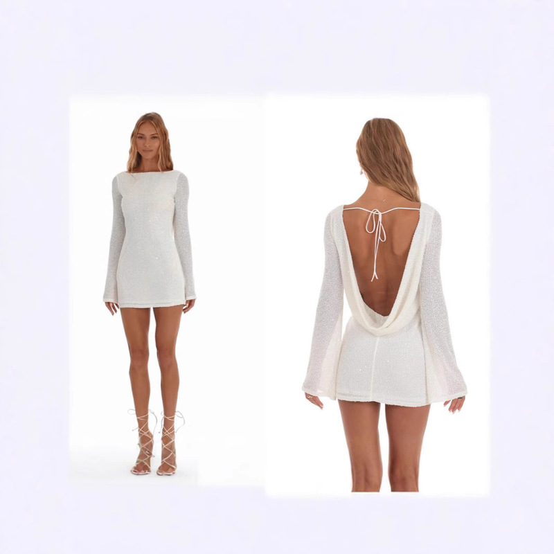 Cross-Border Women's Square-Neck Long-Sleeved Waist-Cinching Dress with Sheer Mesh and Sequins, Short European and American Style Dress with a Sweet Vibe Cross-Border Women's Square-Neck Long-Sleeved Waist-Cinching Dress with Sheer Mesh and Sequins, Short European and American Style Dress with a Sweet Vibe