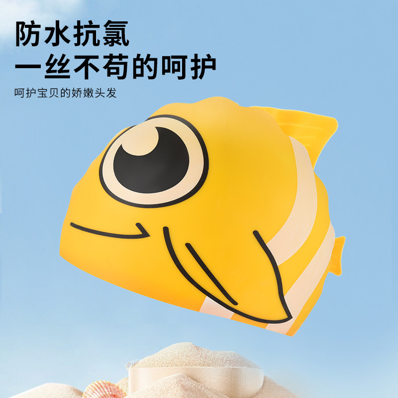 Sombreros de baño para niños, niños y niñas impresión encantadora pez dorado profesional de silicona cabello largo impermeable no estrangulación sombrero de baño de silicona elástico