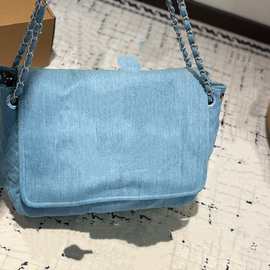 水洗牛仔单肩包女包休闲百搭绣线托特包复古链条斜挎包包