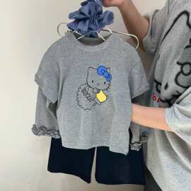女童春秋套装2026中小童新款假两件花边长袖T恤洋气屁帘直筒长裤