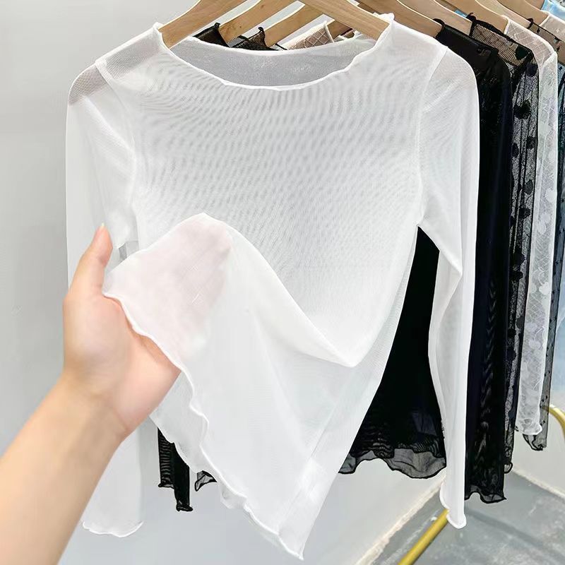 Ice Silk Mesh Base Shirt for Women, Summer Transparent Sun Protection Cover-Up, Long-Sleeve Sheer Skin-Tight Lace Top Ice Silk Mesh Base Shirt for Women, Summer Transparent Sun Protection Cover-Up, Long-Sleeve Sheer Skin-Tight Lace Top