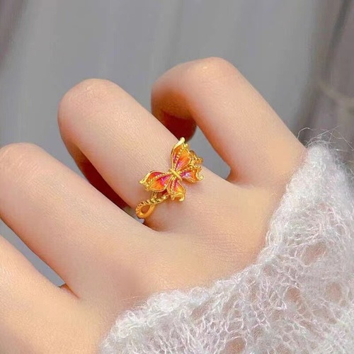 Dreamy Butterfly Openwork Ring, Gold-Plated Enamel Colorful Finger Ring for Women, Court Style Hollow Filigree Ring