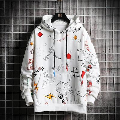Men's Hooded Sweatshirt, Hong Kong Style, Thin, Cool, Fashion Trend, Loose, Cartoon Graffiti, Streetwear, Youth Long-Sleeve Top