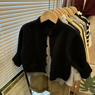Autumn 2024 Boys' Korean Knitted Sweater Top for Boys and Girls Baby Fake Two-piece Stitching Sweater Coat Trendy