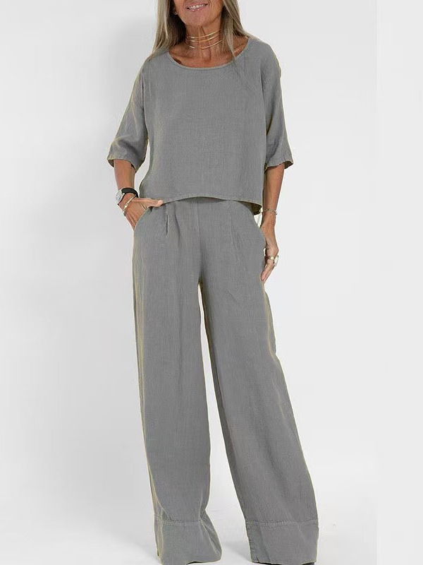 Casual Fashion Pocket Long Pants Beach Suit Spring Summer Short Sleeve Top Pullover Set Women Cotton Linen Solid Color Two-Piece