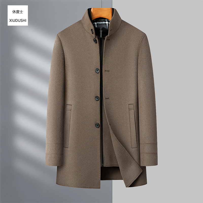 Men's wool overcoat with stand-up collar, detachable white duck down lining, thickened and warm for autumn and winter, business casual woolen coat.